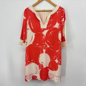 J Crew Big Apple Print Dress Women's Size 6 Orange Beige 3/4 Sleeve